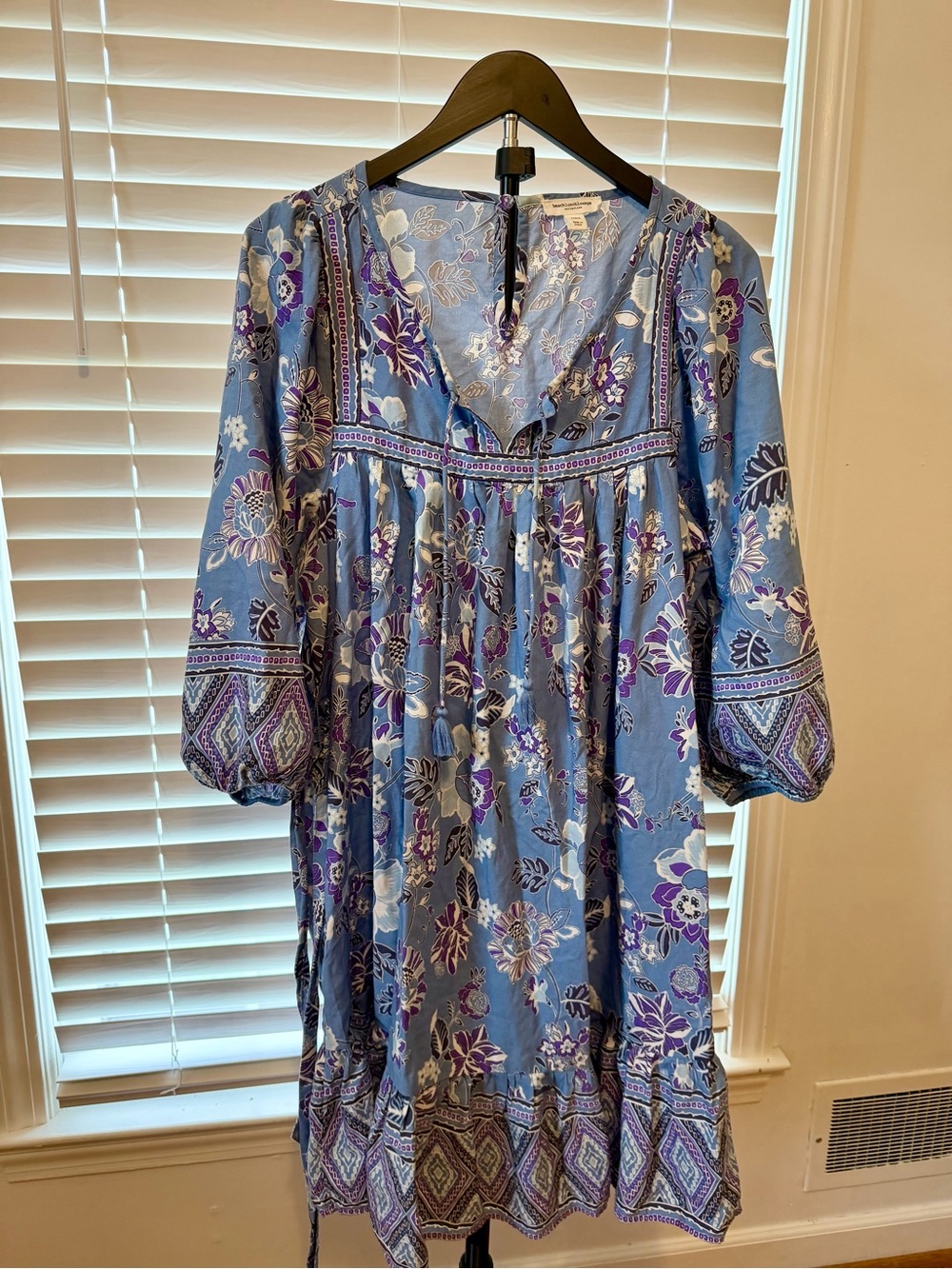BeachLunchLounge Blue Floral Boho Mini Dress Medium Peasant Sleeve Tunic